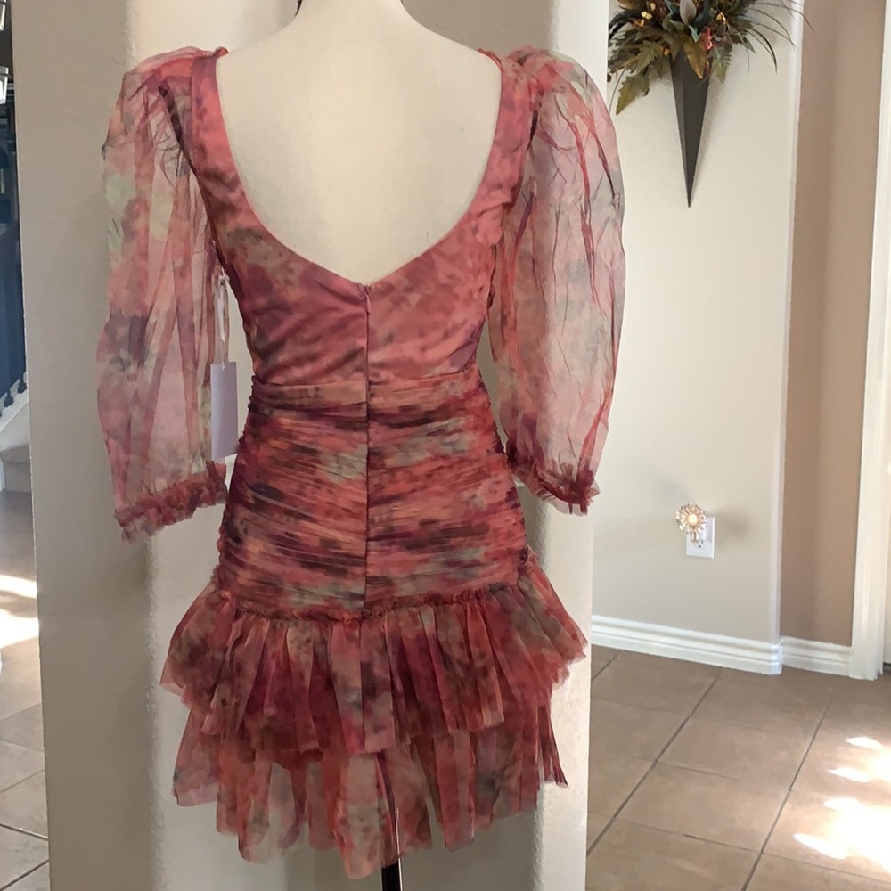 Multicolored pink floral graphic runched tulle bodycon mini dress - Picture 10 of 16